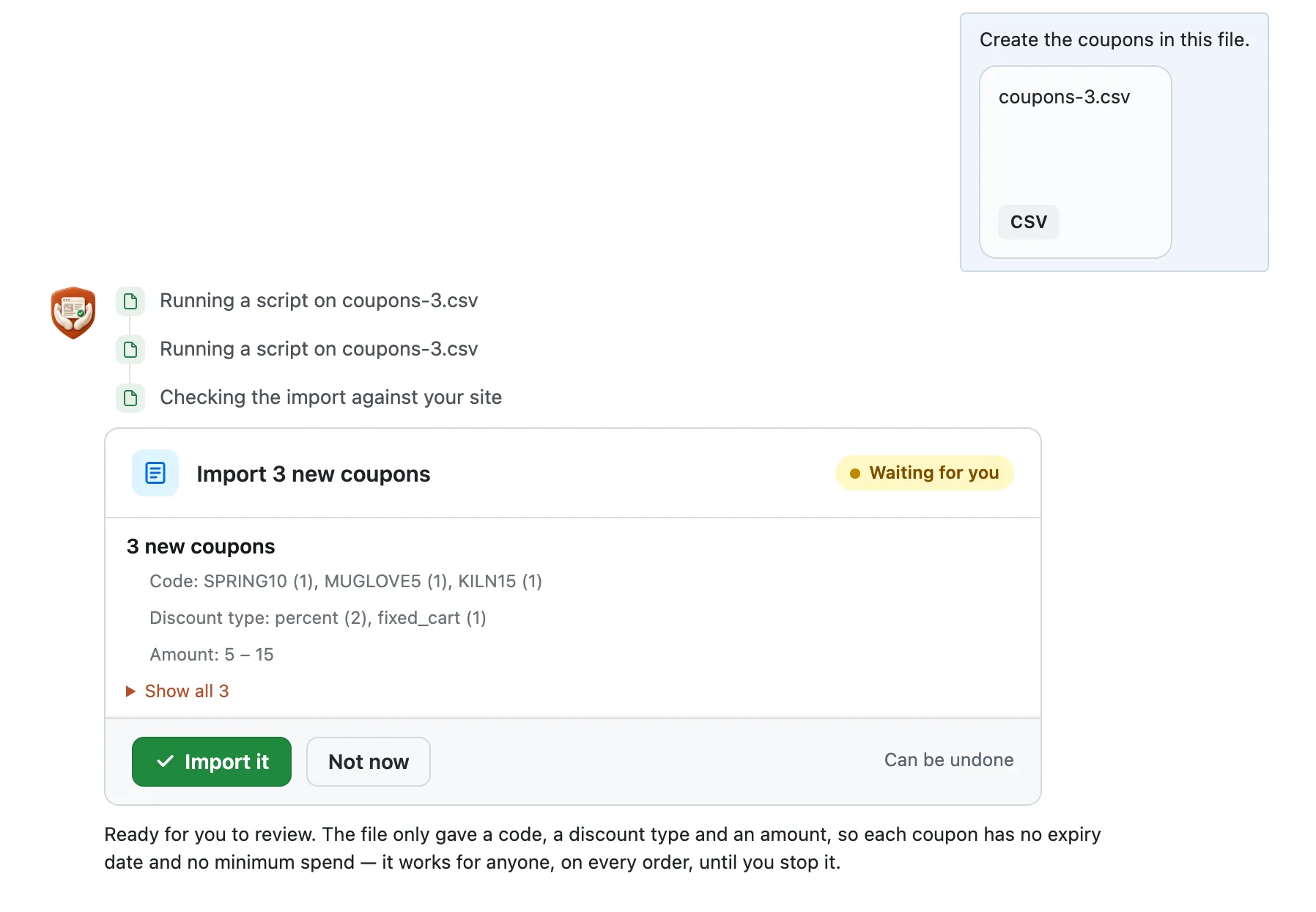 The request with the coupon file attached, the steps, then the card Import 3 new coupons, Import it