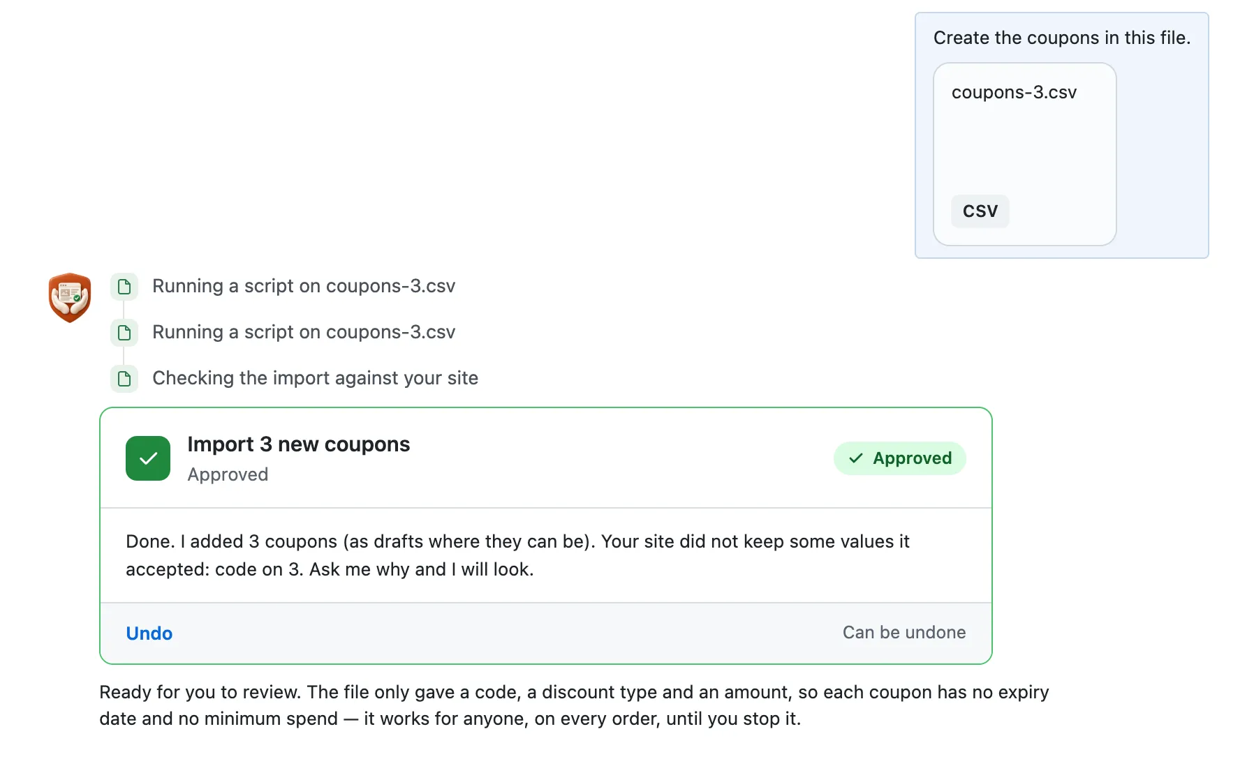 The card in green, then: Done. I added 3 coupons, and the false line about the code