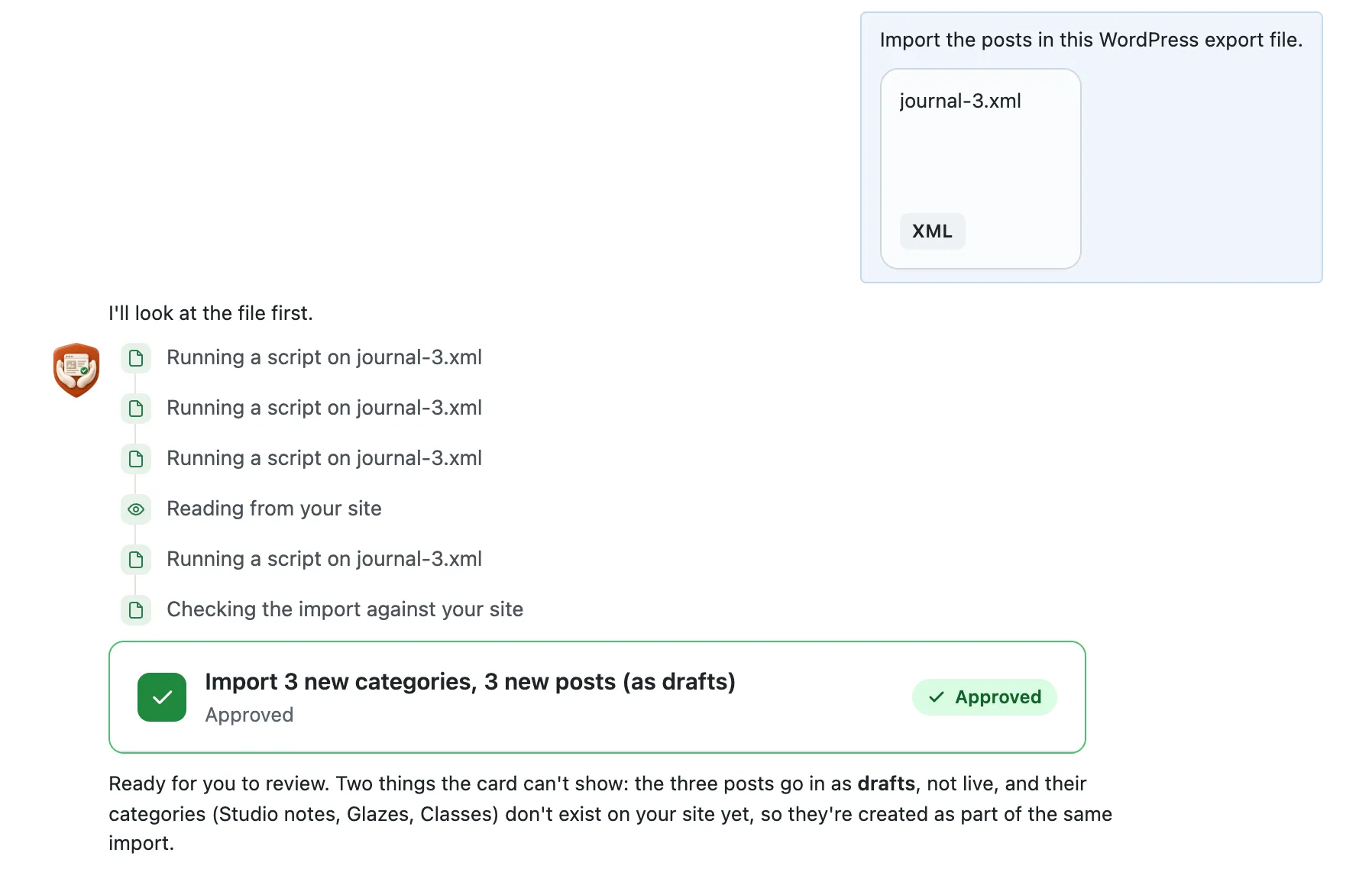 After the press: the card marked Approved while the categories and posts are added