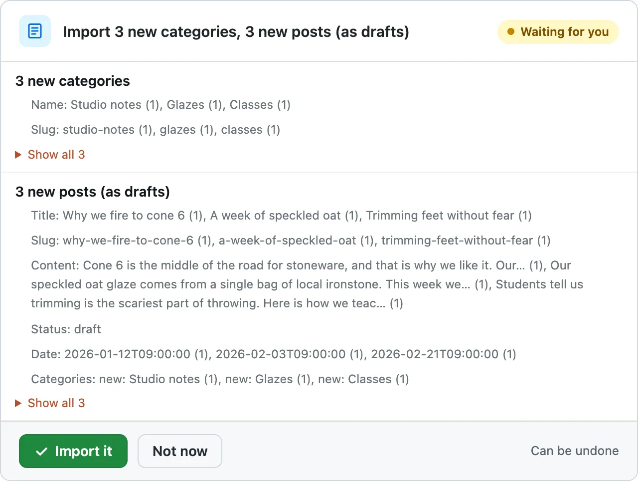 The card Import 3 new categories and 3 new posts (as drafts), with Show all 3 for each group