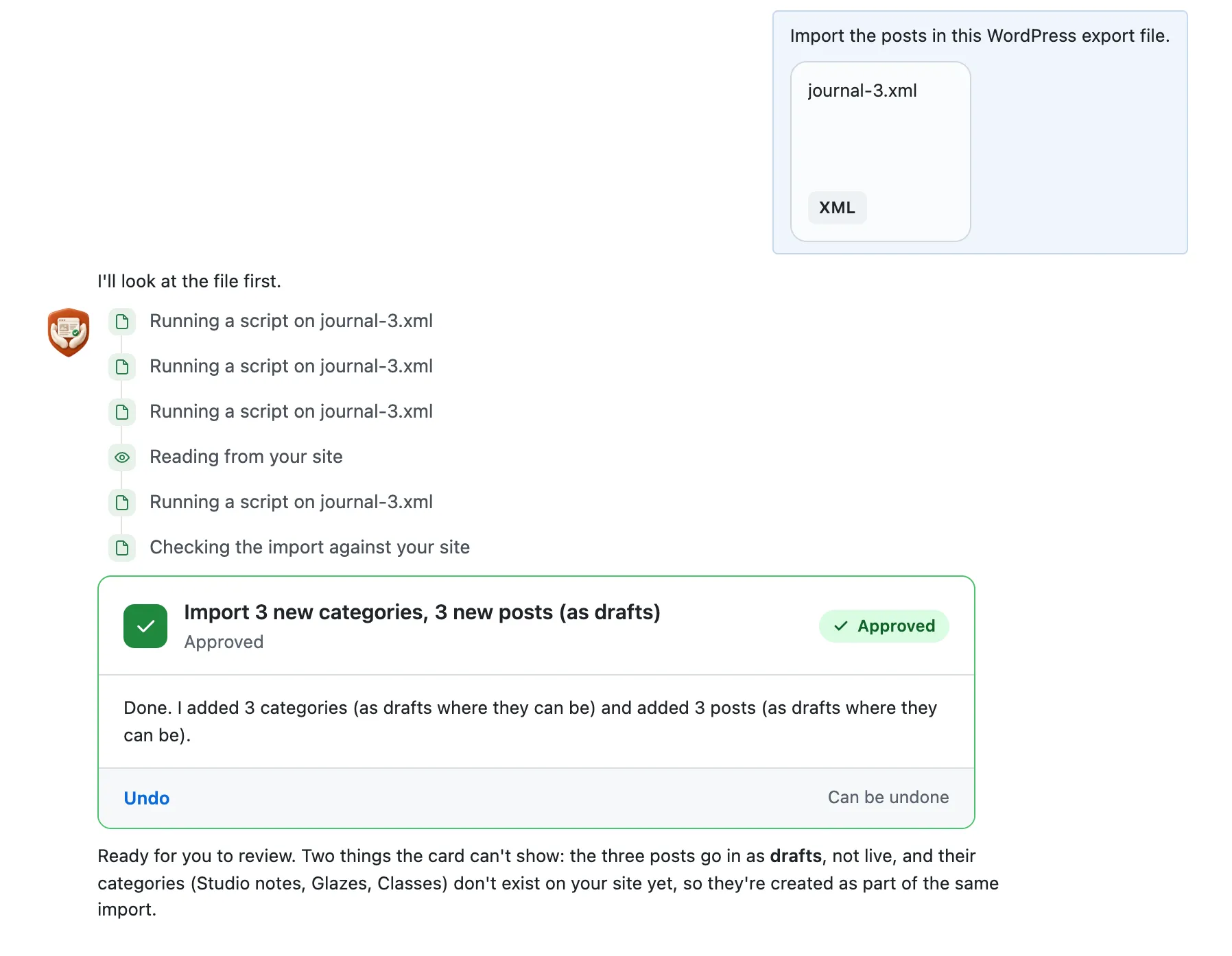 The card in green: Done. I added 3 categories and 3 posts (as drafts where they can be)