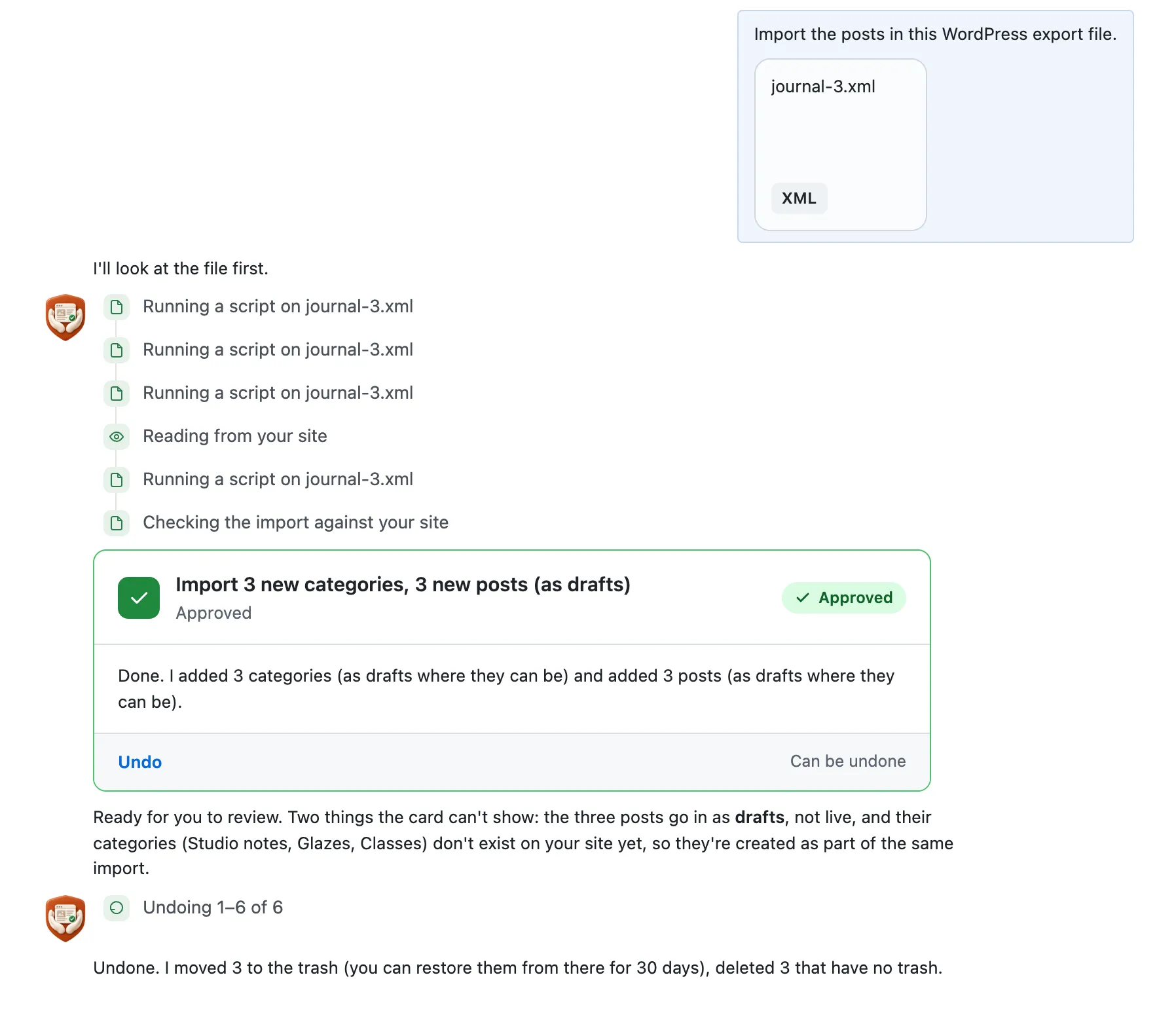 After Undo: 3 posts moved to the trash and 3 categories deleted
